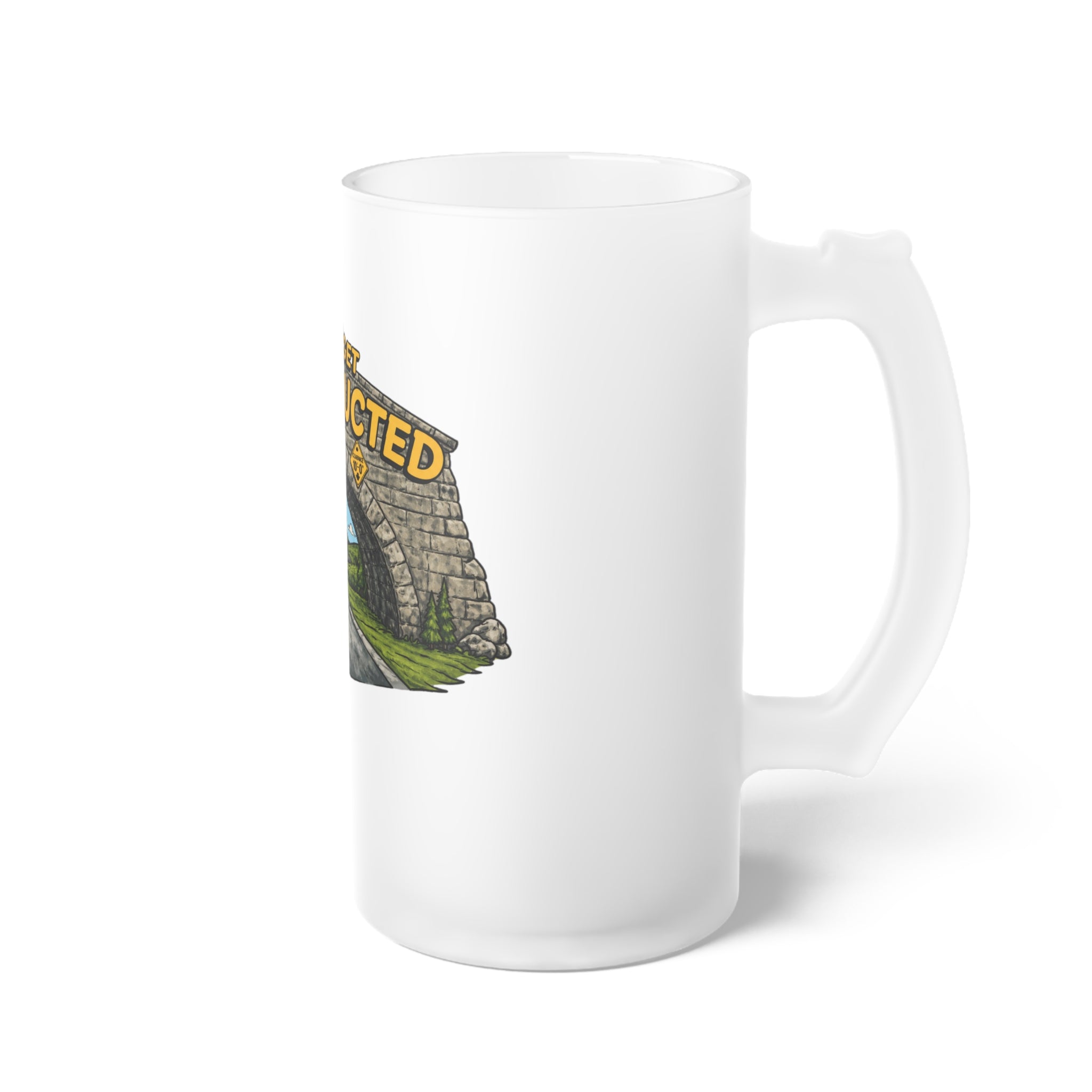 Frosted Beer Mug — "Don't Get Aqueducted" Bridge Scenic Glass Stein Northborough, MA 01532
