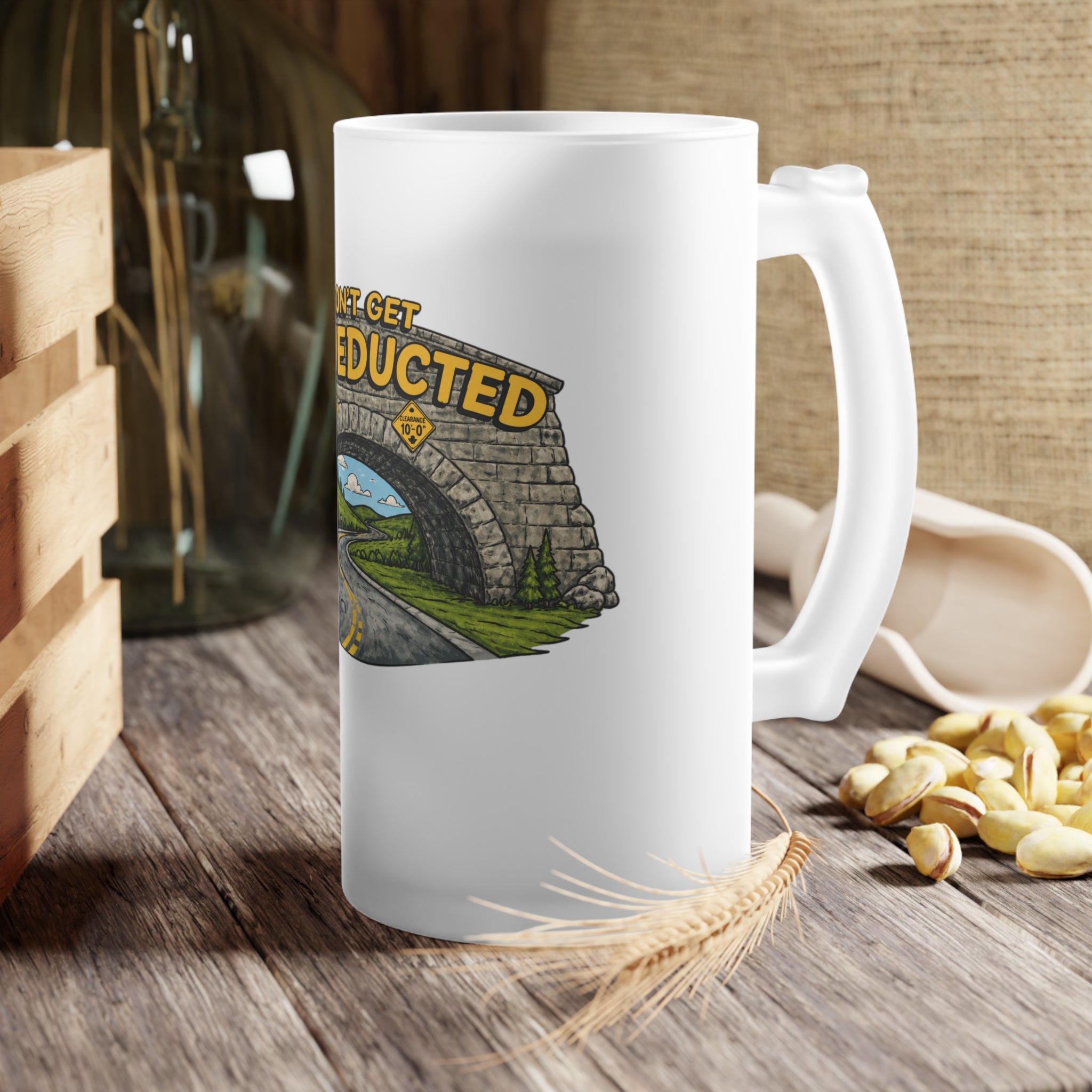 Frosted Beer Mug — "Don't Get Aqueducted" Bridge Scenic Glass Stein Northborough, MA 01532